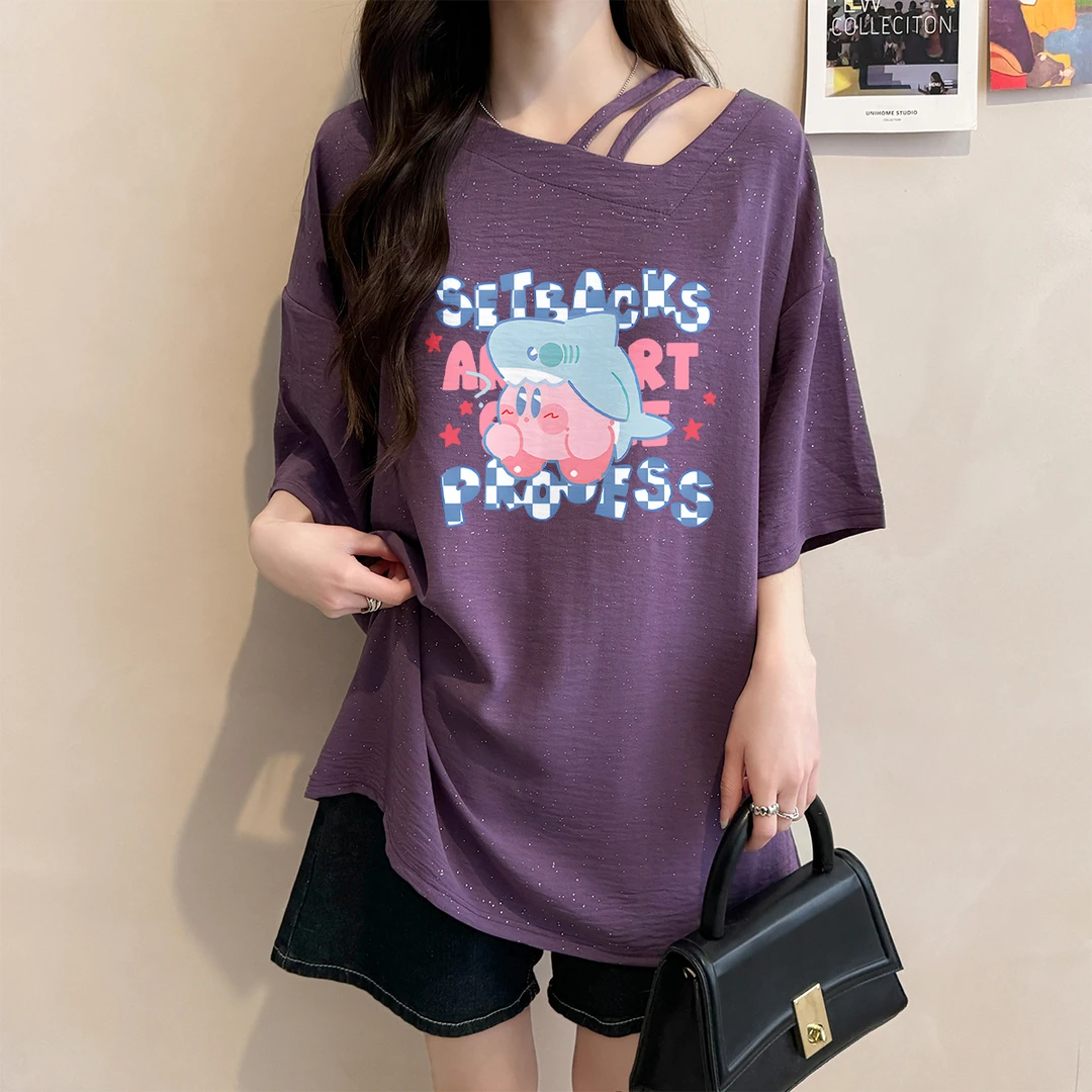 夏季斜领亮闪闪短袖T恤女2025爆款宽松时尚卡通减龄显瘦学生上衣