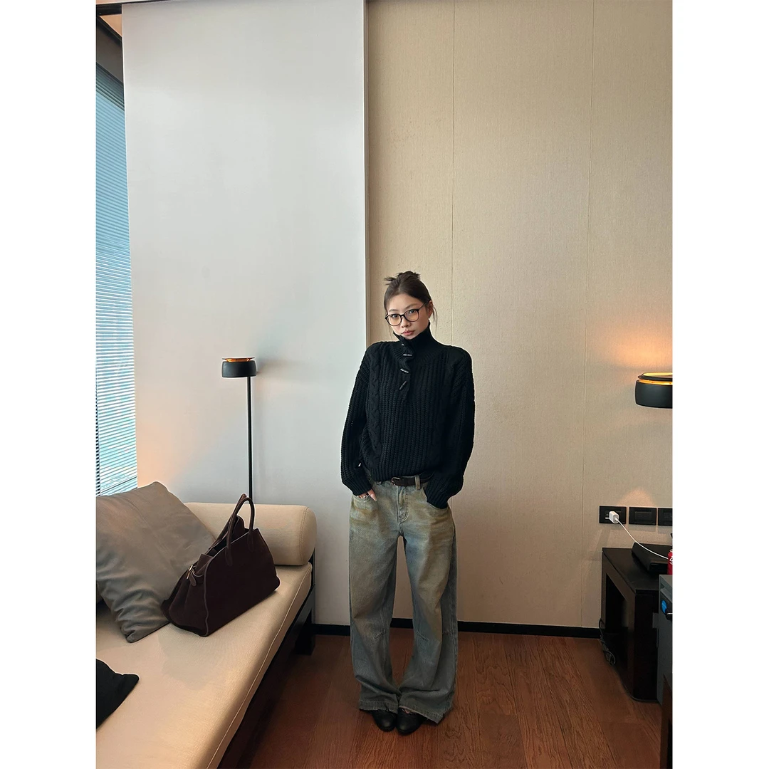 DYANGJUN【初秋柏林】秋季新款麻花针织套头高领纽扣毛衣