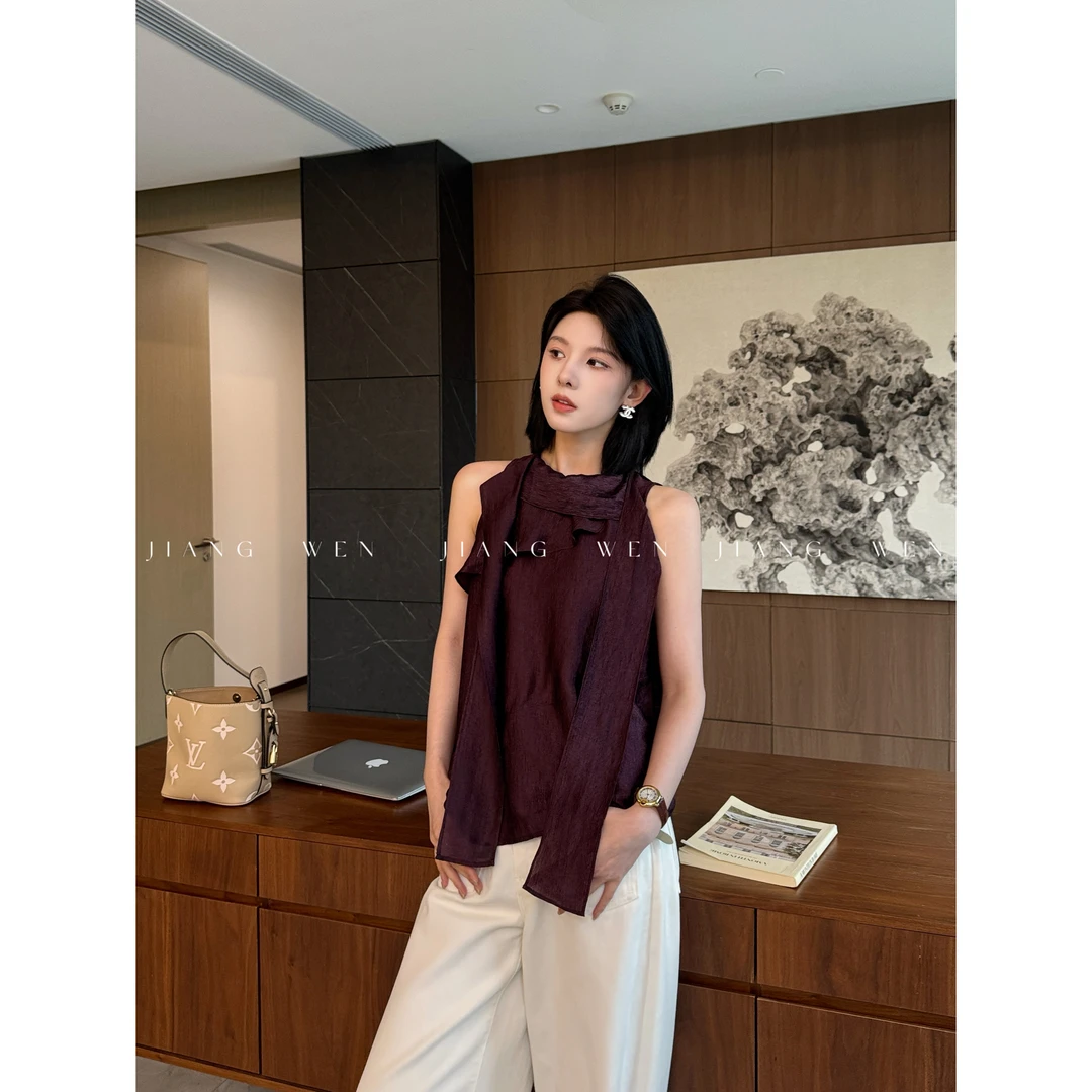 【人间梦露】“醋酸”纤维亮丝斜剪解构不规则飘带无袖上衣