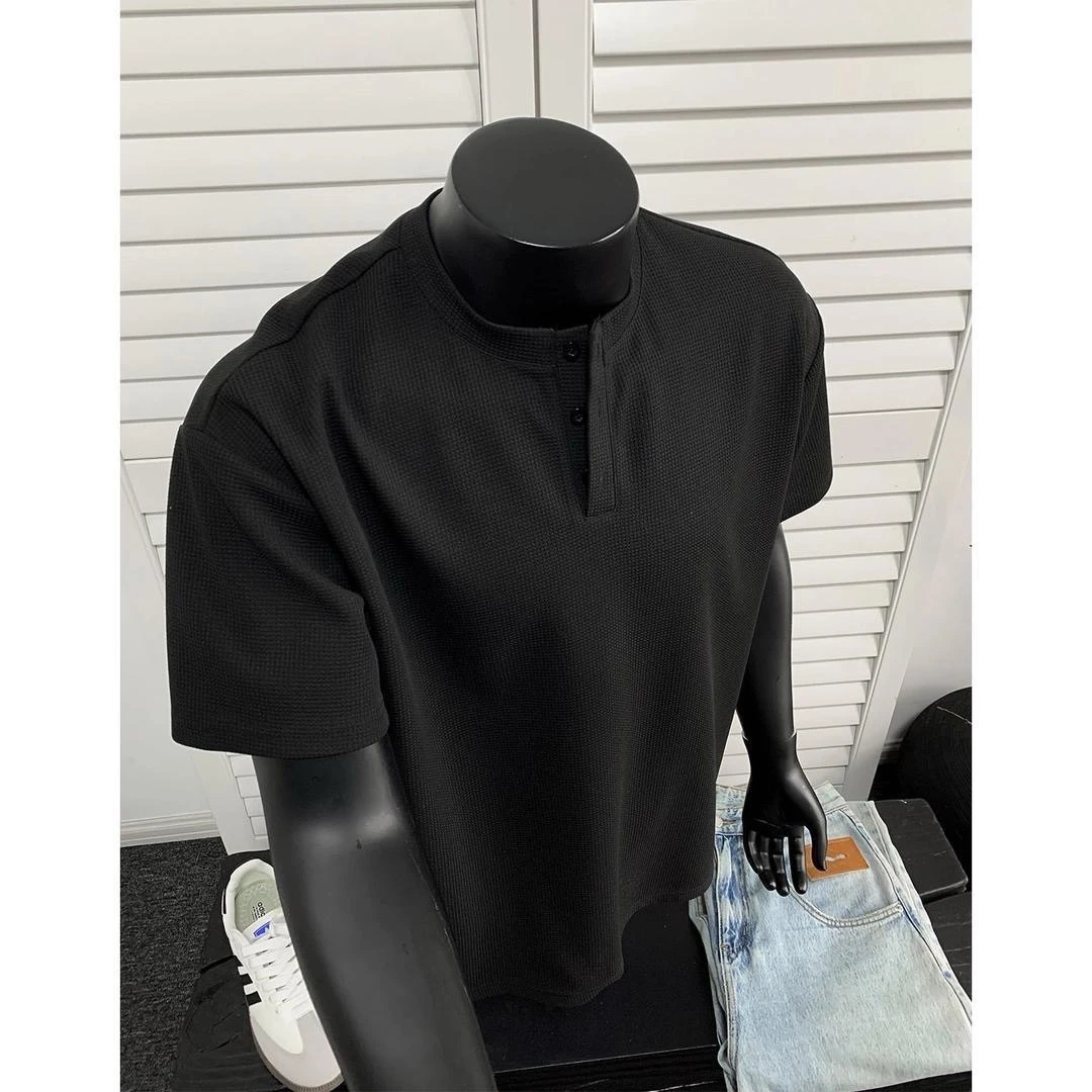 亨利领短袖男款夏季重磅华夫格t恤美式潮牌痞帅高级感打底五分袖