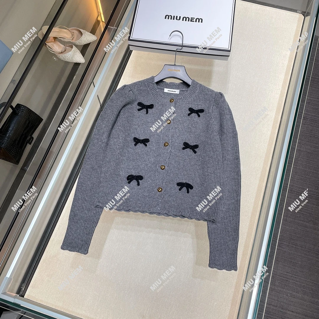 【安妮老板】MIUMEM2025编织蝴蝶结波浪领长袖针织开衫女DY5080