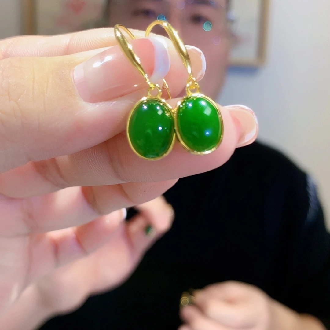 和田玉（碧玉）耳饰银S925镀金镶嵌