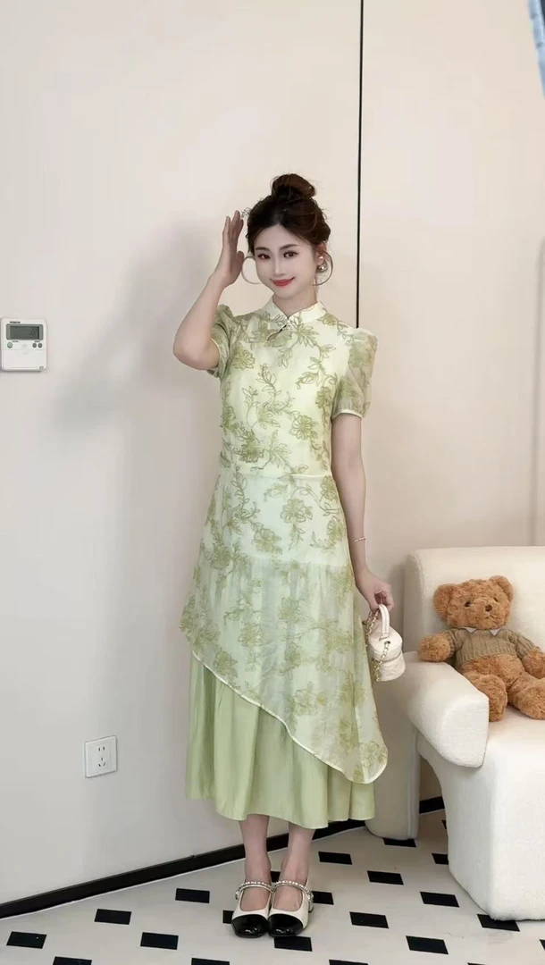 【林金金】少女夏季新中式中长款旗袍裙法式春季法式木耳边连衣裙