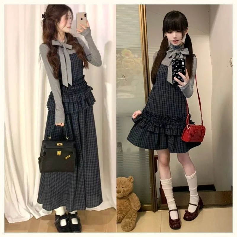 中腰韩版2025冬季 新款日系vintage设计穿搭蝴蝶结上衣格纹连衣裙