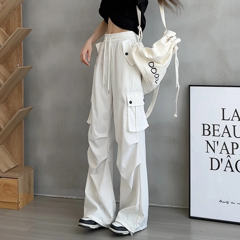 美式白色工装裤女款初秋透气薄款登山裤运动跳舞小个子降落伞裤子