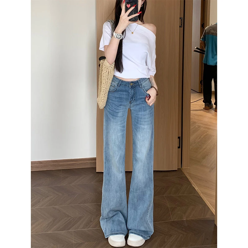 低腰冰川蓝微喇牛仔裤女2025秋季新款弹力显瘦不贴腿百搭拖地裤