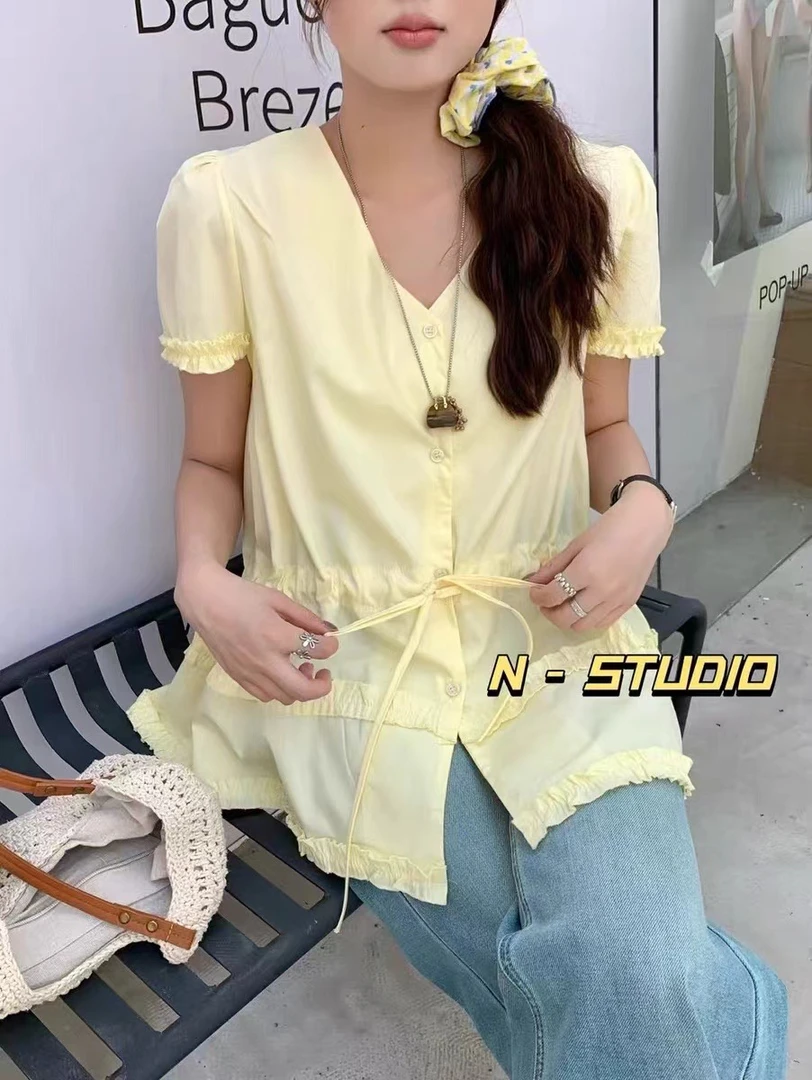 小红小绿大码收腰韩系木耳边衬衫