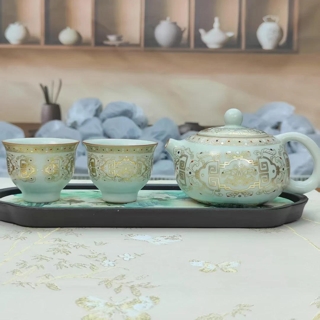 天青汝窑敦煌珐琅西施壶一壶两杯带茶盘236
