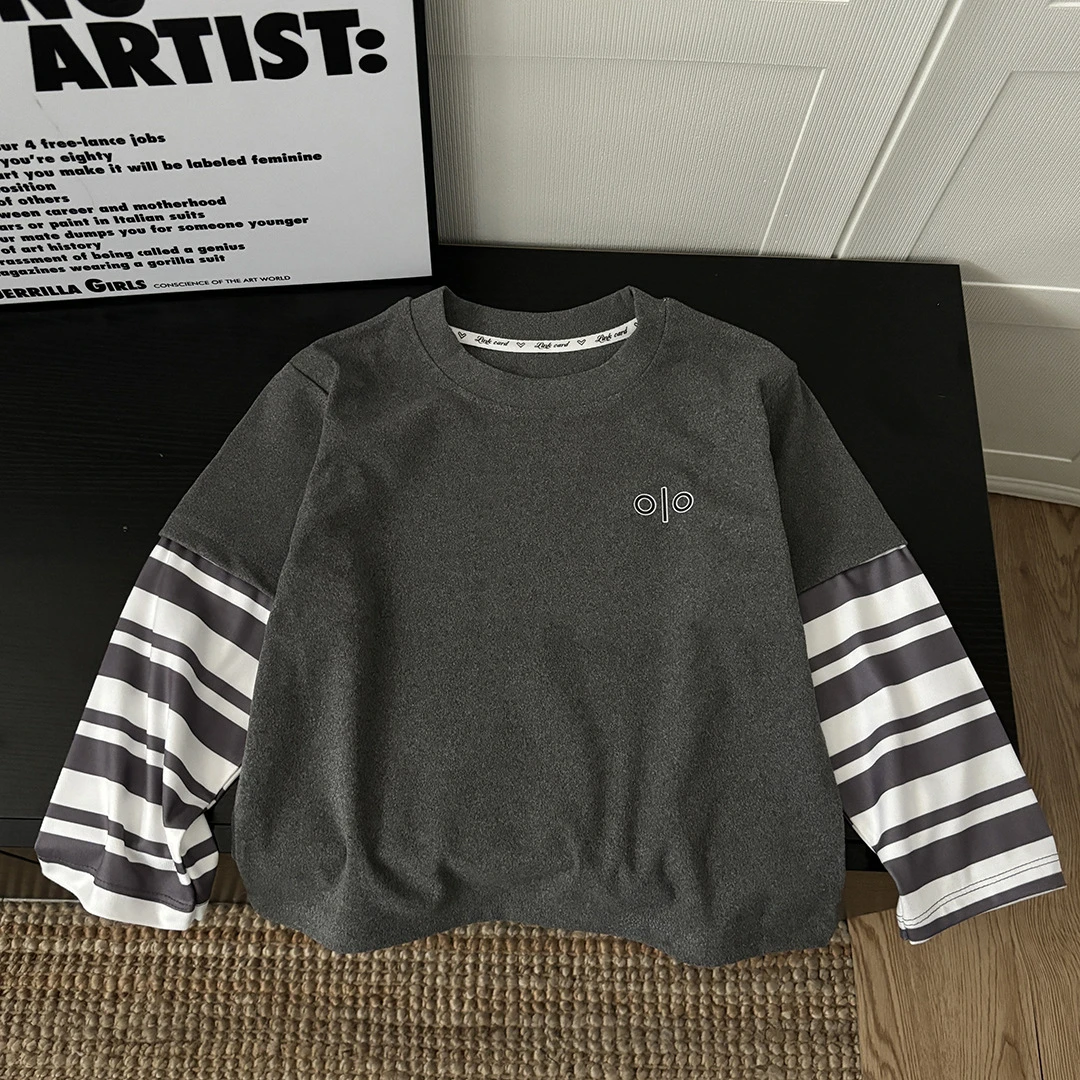 新款儿童打单衫长袖T恤德绒单件拼接打底衫百搭条纹撞色潮款舒服，