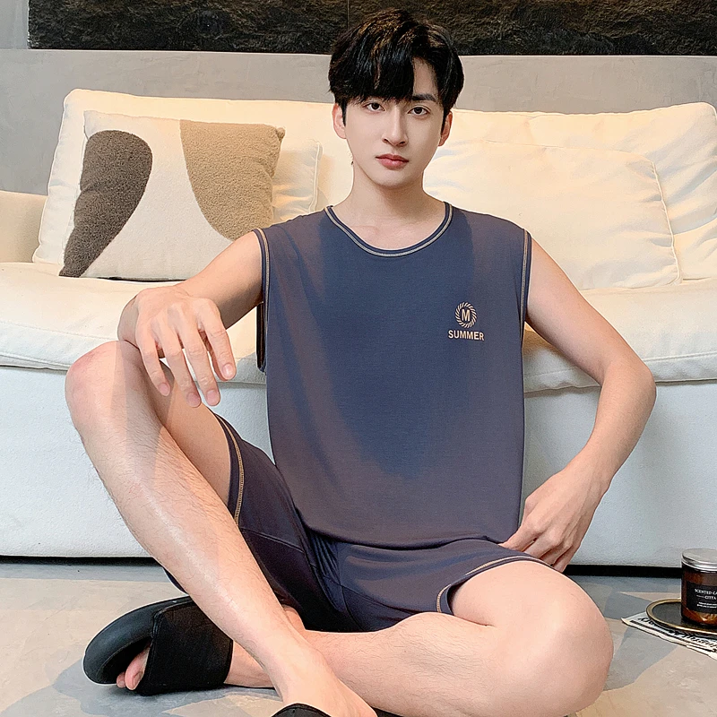 帕兰朵加大码莫代尔男士睡衣夏季背心短裤套装宽松胖子薄款家居服