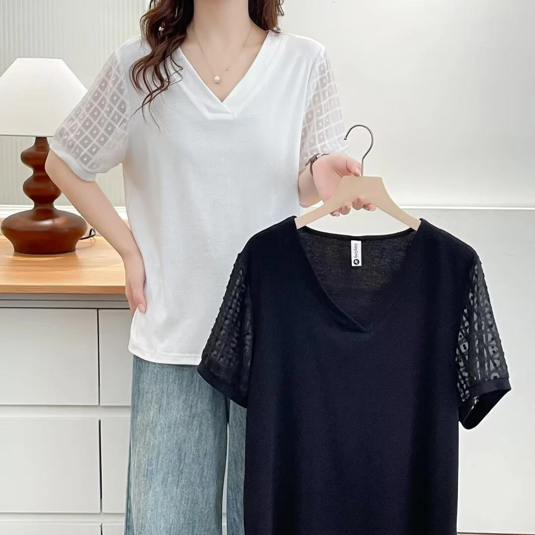 大码胖mm夏季新款洋气显瘦V领拼接蕾丝袖时尚宽松百搭短袖T恤