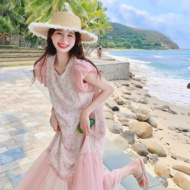 网纱拼接肌理感连衣裙女2025夏季新款法式甜美减龄宽松显瘦长裙子