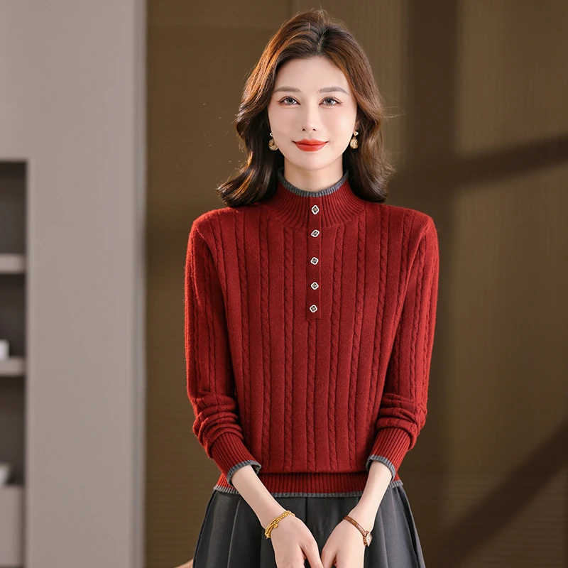 正品女装半高领麻花针织衫上衣女秋冬新款大码毛衣洋气百搭打底衫