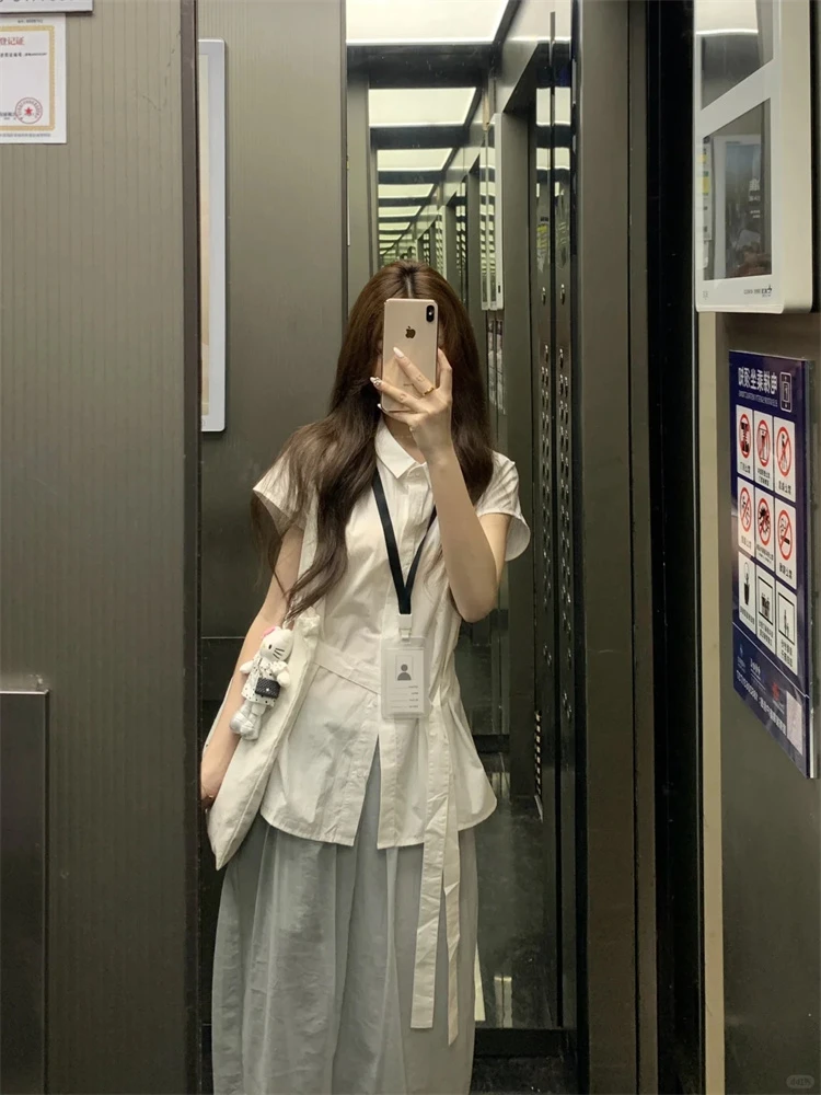 2025夏季时尚套装女韩版小众收腰显瘦短袖衬衫复古半身减龄两