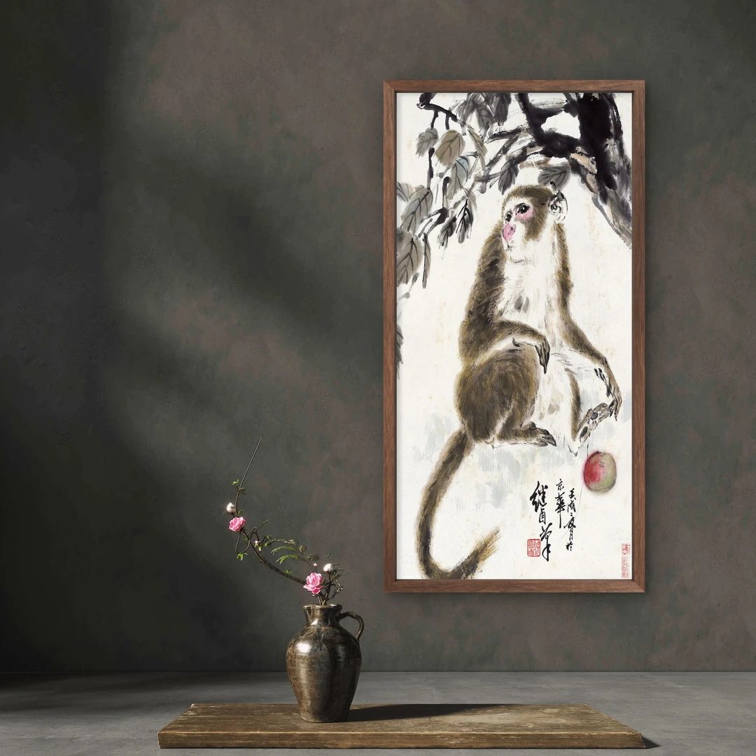 8855-35*68猴子中式装饰画木框玄关书房茶室客厅挂画