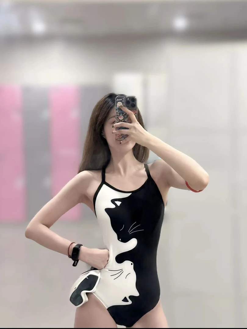 黑白小猫可爱连体三角竞速女游泳衣细肩带