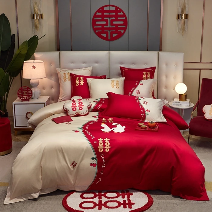 单被绣花刺绣婚庆床单优80支以上床品套件喜被婚床床上用品