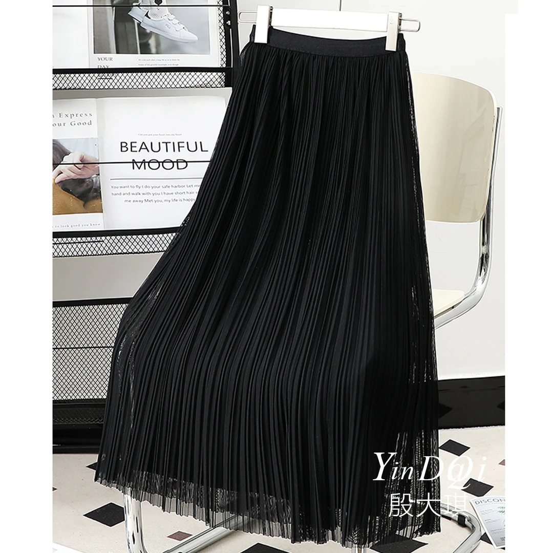 网纱百褶裙  松紧腰百搭显瘦半身裙女