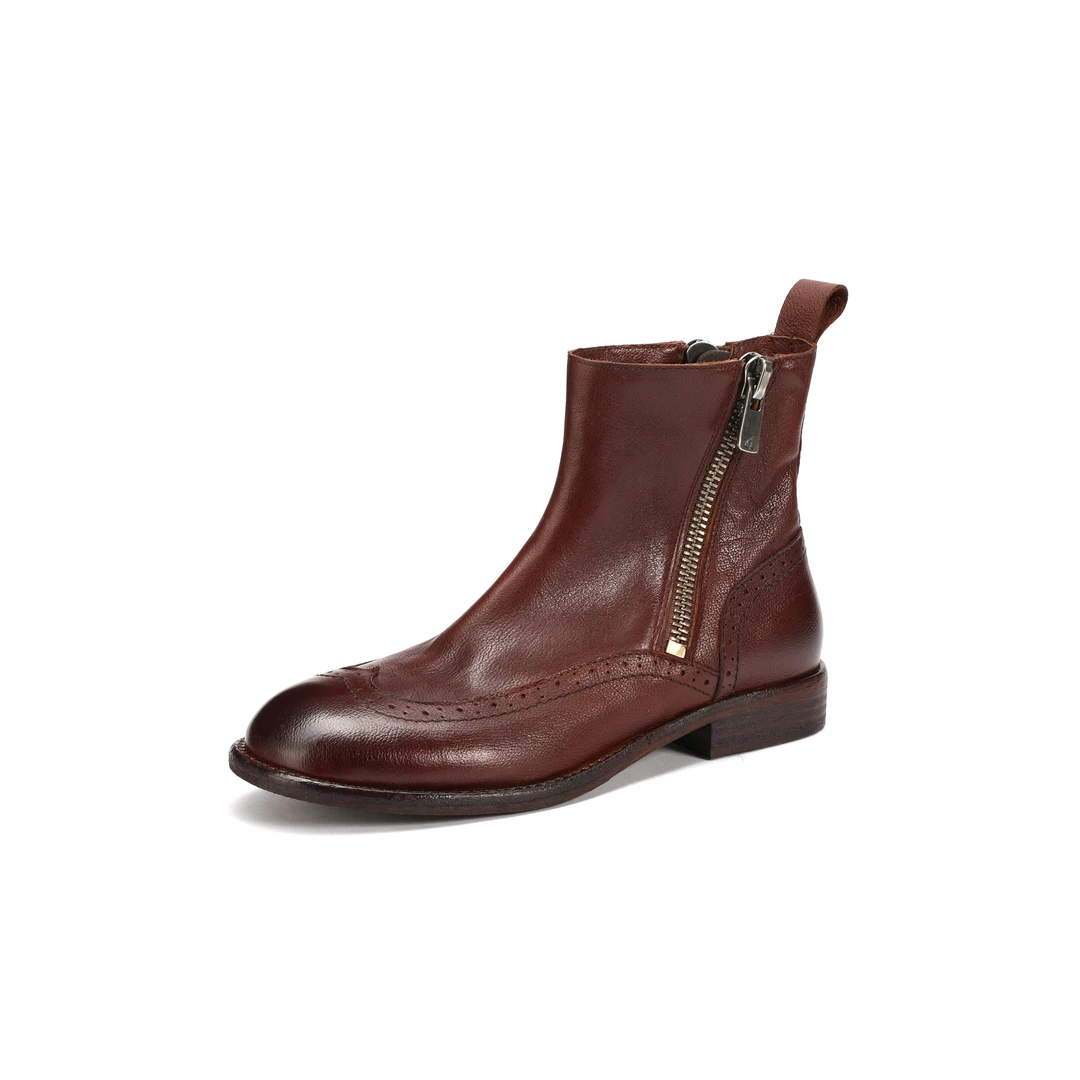 格林菲尔【跟高2cm】圆头复古棕色冬季休闲粗跟马丁靴女靴