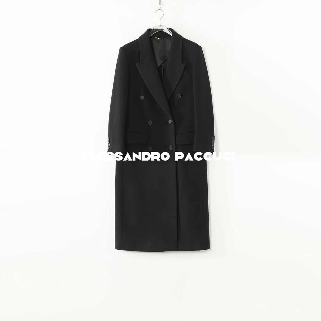 AP洛哥53011DY【墨形】绵羊毛戗驳领双排扣极简气质直身大衣