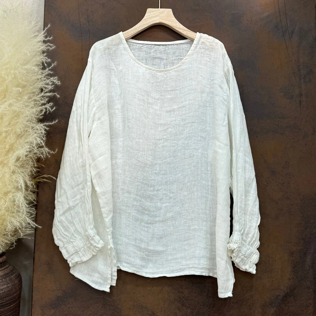 【见素】高定款稀疏亚麻袖口褶皱长袖套衫