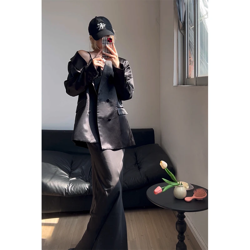 气质高级感气质宽松长袖西装外套收腰露背吊带连衣裙小众休闲长裙