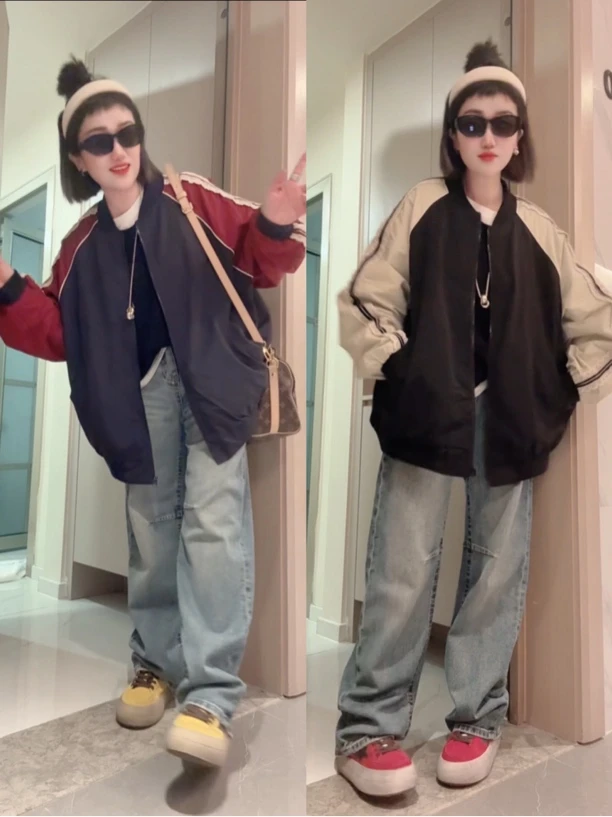 【不得不爱】2025秋季新款韩版宽松休闲百搭蕾丝拼接棒球领外套