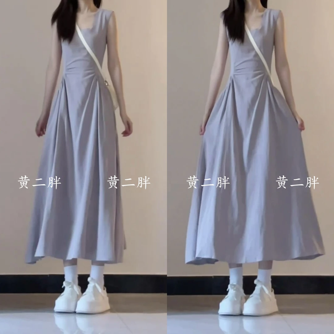 法式蓝色方领T恤连衣裙女夏温柔风气质梨形身材收腰a字初恋长裙子