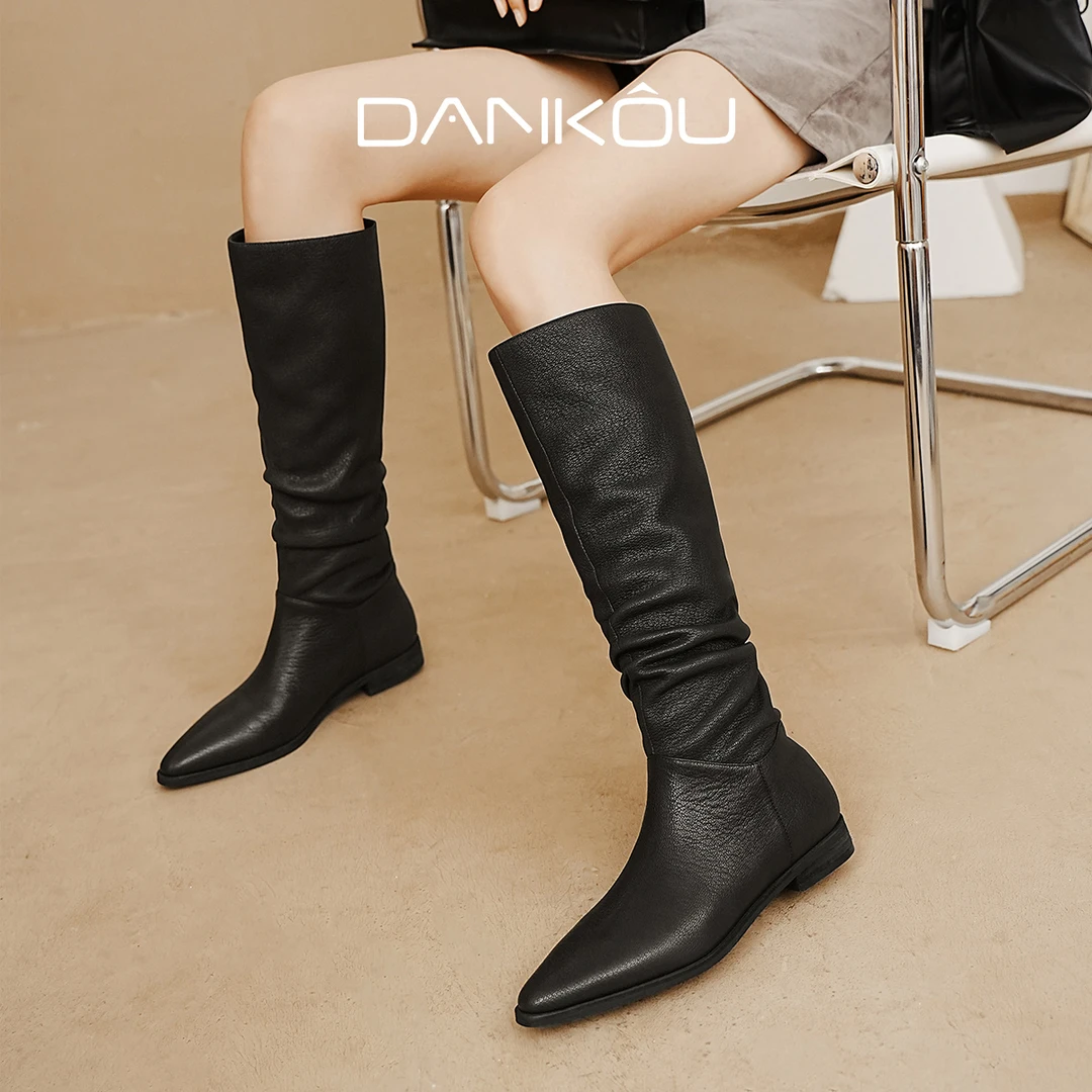 DANKOU丹寇 羊皮版！尖头褶皱长靴女时尚复古软皮堆堆靴