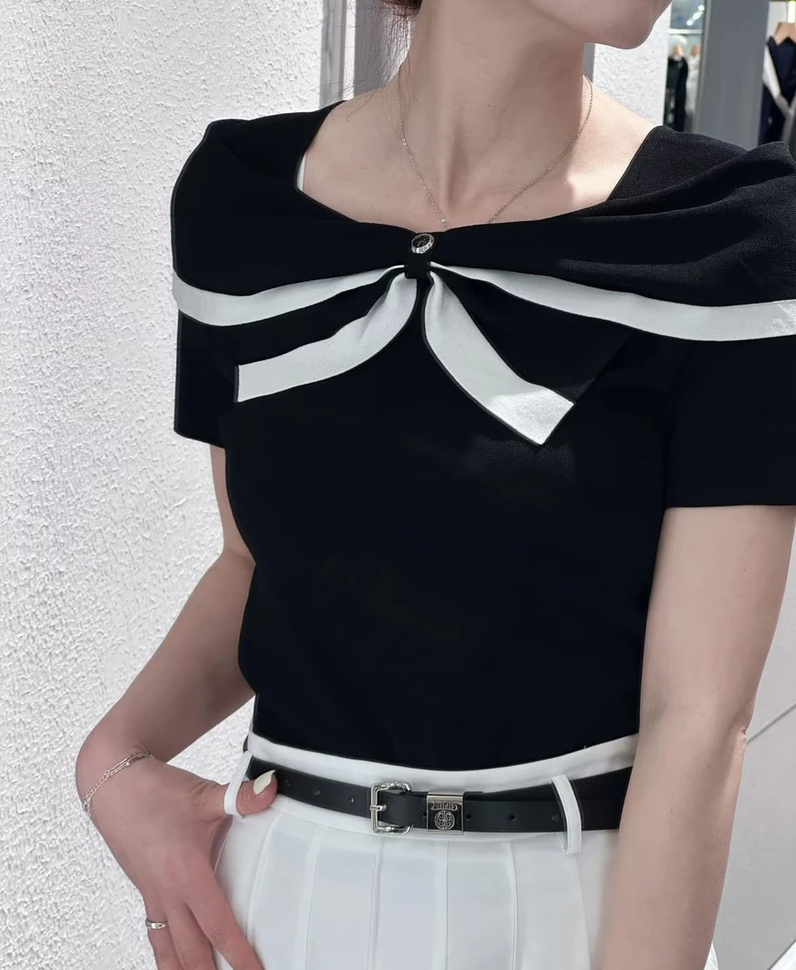 迪家商场同款短袖针织百搭薄款黑白蝴蝶结纯色夏季52213