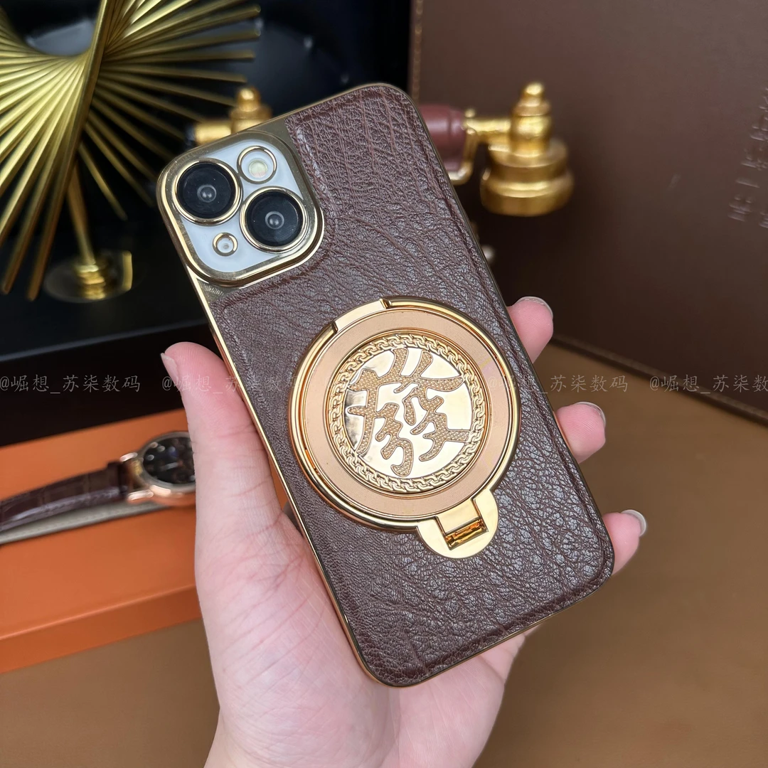 【發财陀螺支架+高档鳄鱼纹】适用苹果15手机壳轻薄防摔商务