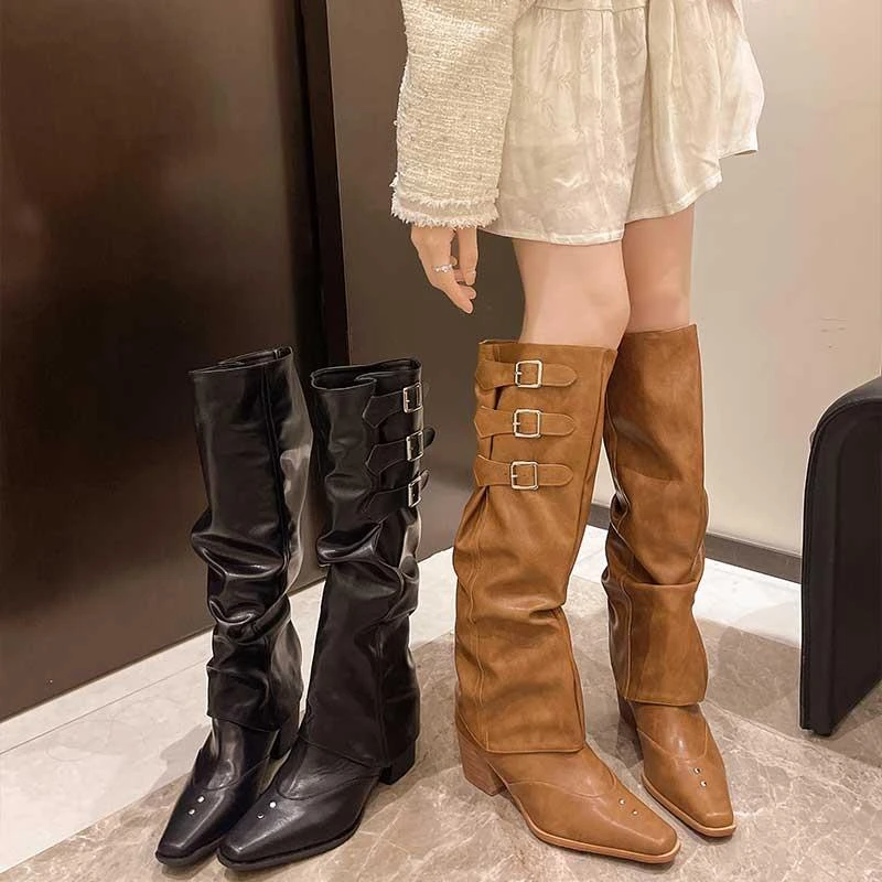 【法国Youtina&Shoes品牌正品】复古尖头辣妹风高跟长筒骑士靴女
