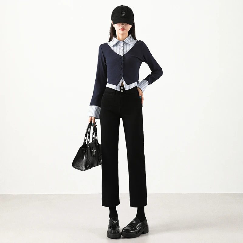 早春新款直筒牛仔裤女黑色双排扣高腰显瘦小个子弹力九分烟管裤子