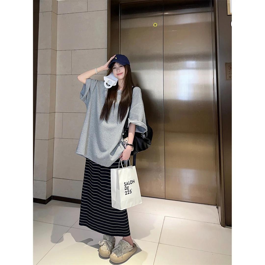 2025新款空气感大廓形恤后细带镂空宽松小众上衣半身裙两件套