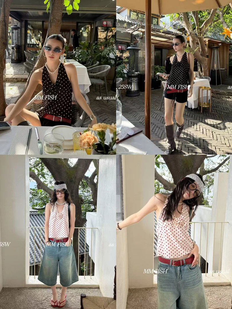 馒头（1mtc212#）氛围感的！挂脖玫瑰花波点洋气显瘦背心5-13