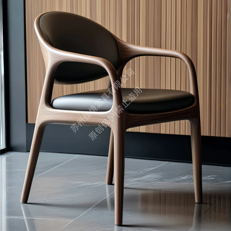 设计师款北美黑胡桃实木真皮餐椅休闲椅靠背现代黑胡桃实木家具