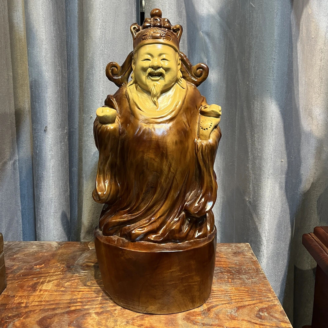 香樟木财神爷工艺木雕摆件，51高