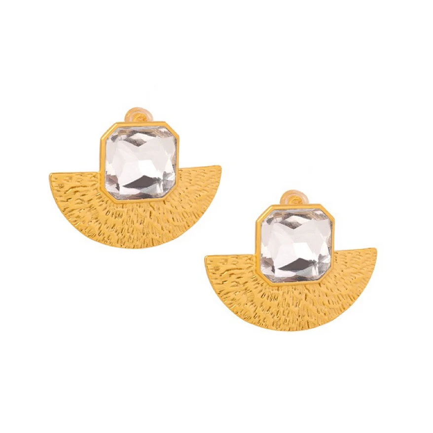 钛钢锆石耳饰 铜合金 韩系小众夸张扇形火山纹理造型金色