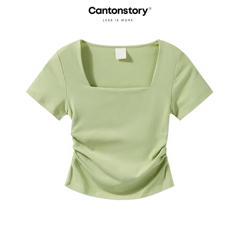 羊城故事【现现】纯色正肩短袖t恤修身上衣 Y24Y04x方领抽褶T恤x006