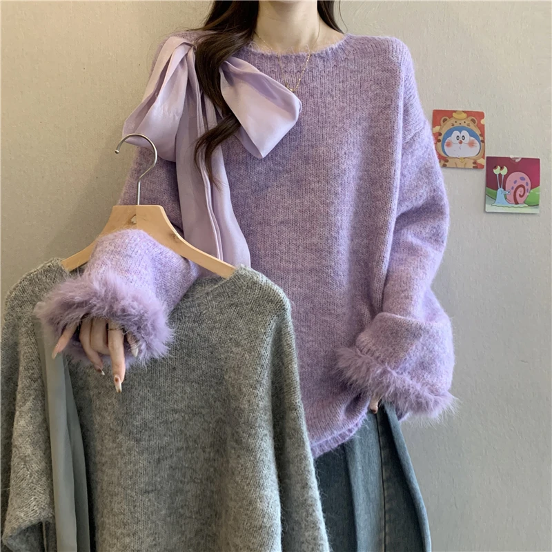 紫色系带蝴蝶结慵懒风毛衣女秋冬大码胖mm独特漂亮软糯针织衫上衣