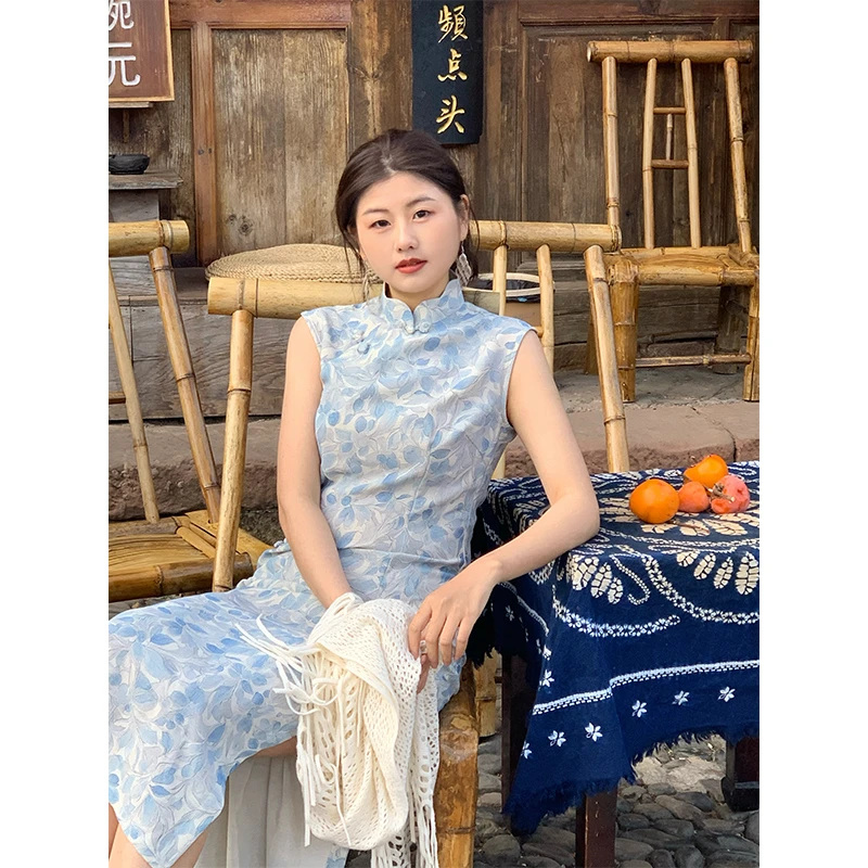 向南飞FLY《远山黛》日常新中式古法旗袍女复古国风碎花连衣裙春夏