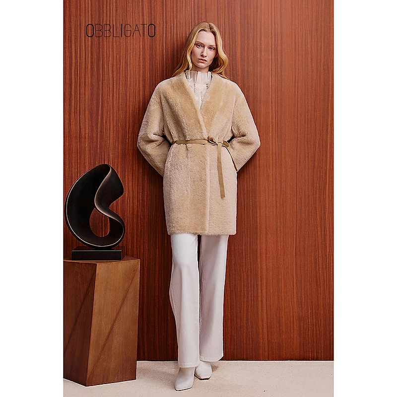 OBBLIGATO奥丽嘉朵2025冬季1C35509680新款收腰羊皮毛大衣外套