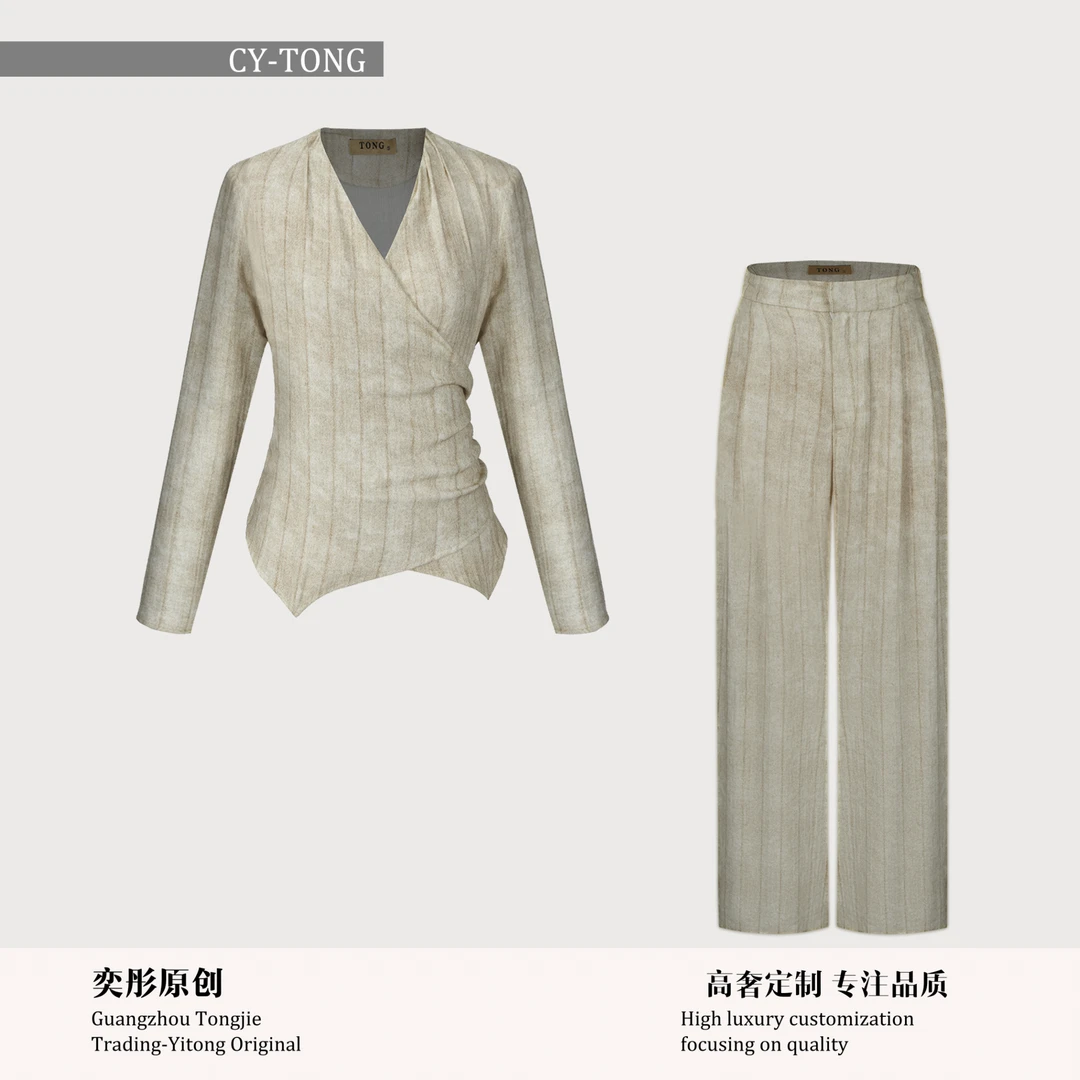 【彤姐原创】春季休闲风时尚杏色印花蕾丝开衫设计师套装W25D369