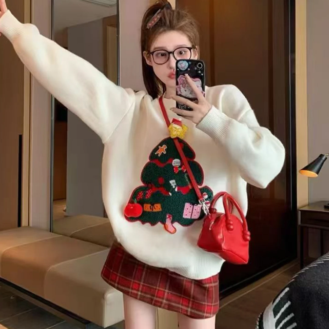 胖mm秋冬圣诞树加厚加绒毛衣格子半身裙两件套套装