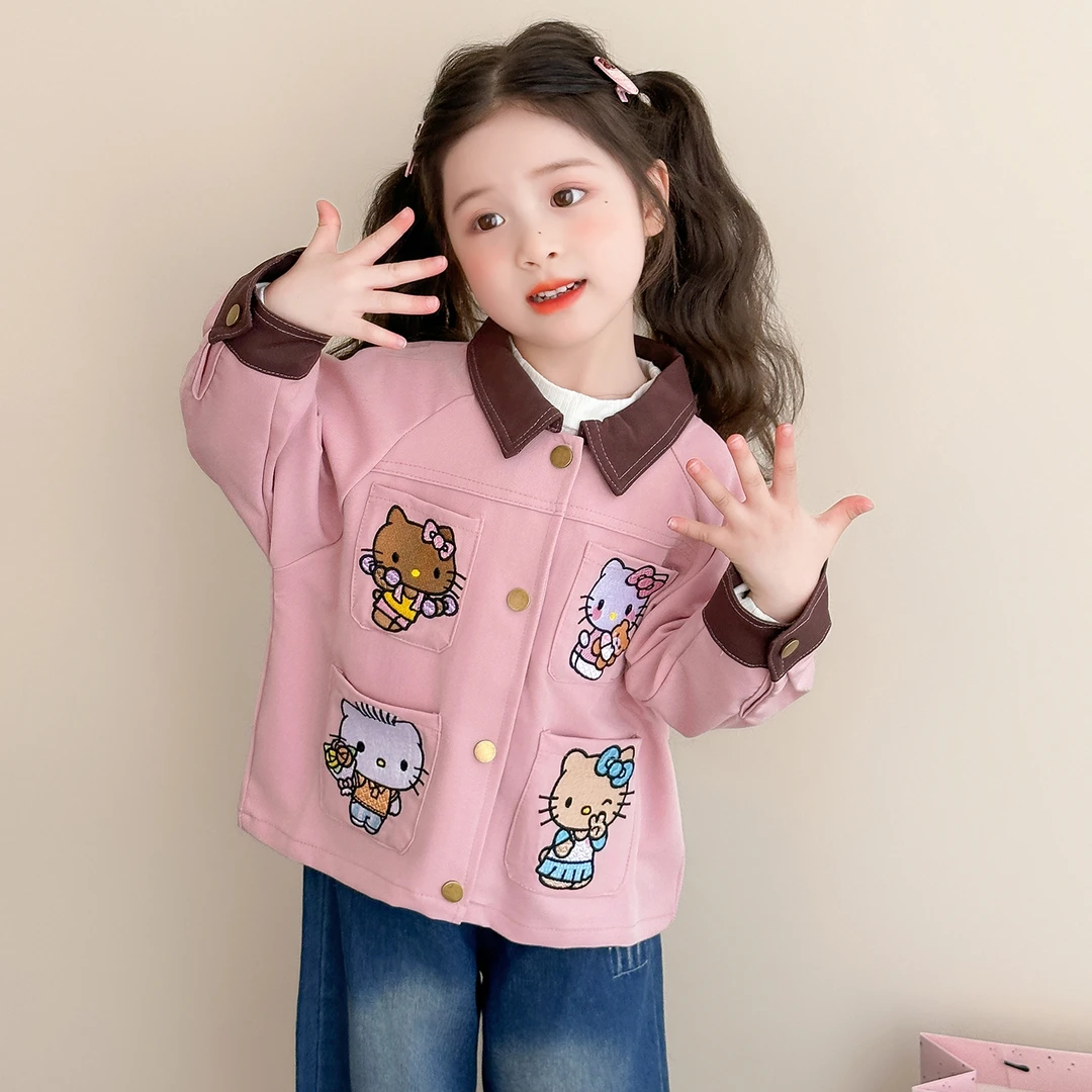 女童2025秋季新款时尚洋气儿童甜美风女宝宝卡通猫咪刺绣拼色外套