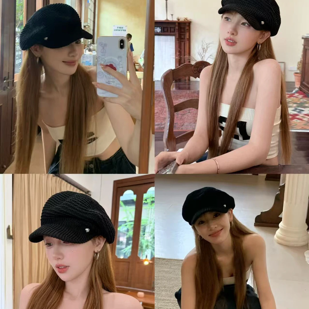 hucares「堆堆报童帽」定制巨显脸小画家帽简约时尚黑色帽子女