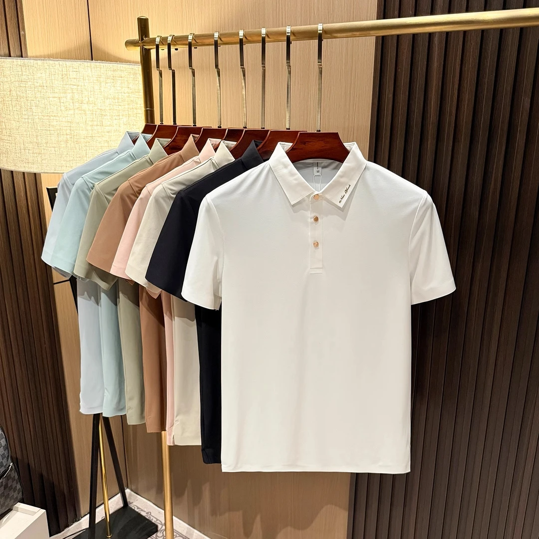 吉伦略索高端冰丝无痕纯色翻领polo衫男士短袖商务休闲百搭潮T恤