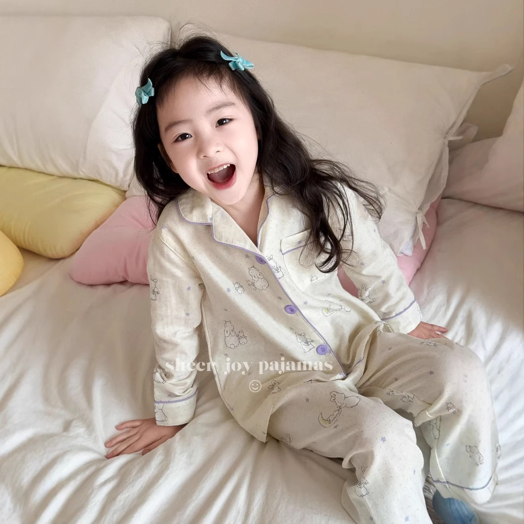 春季新款女童双层纱嵌条款长袖长裤家居服女孩睡衣套装薄款长袖