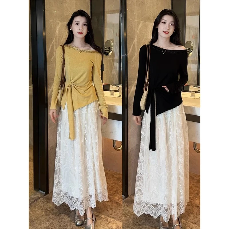 早春穿搭一整套女烫钻修身不规则纯欲风上衣+蕾丝半身裙两件套潮