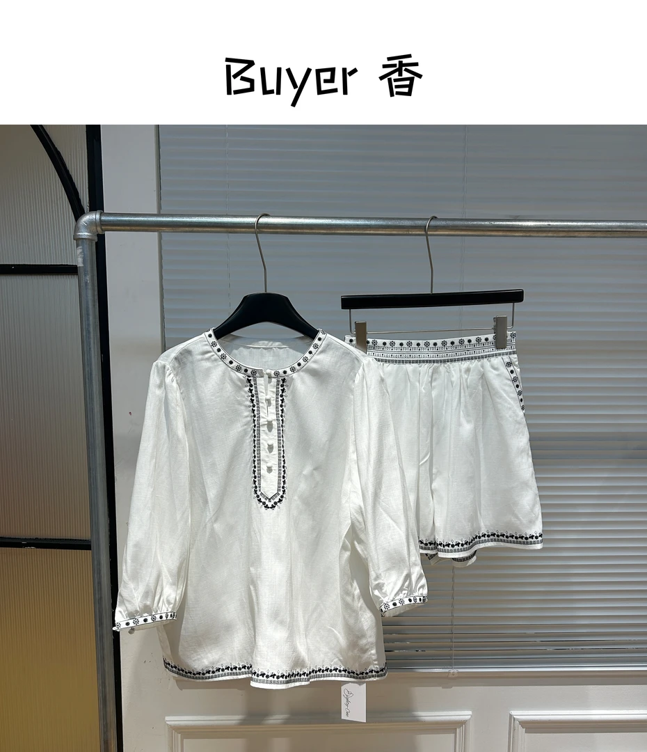 【Buyer 香】251001春夏新款绣花亚麻短裤套装